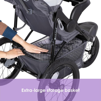 Image displaying a jogging stroller with text about it’s details