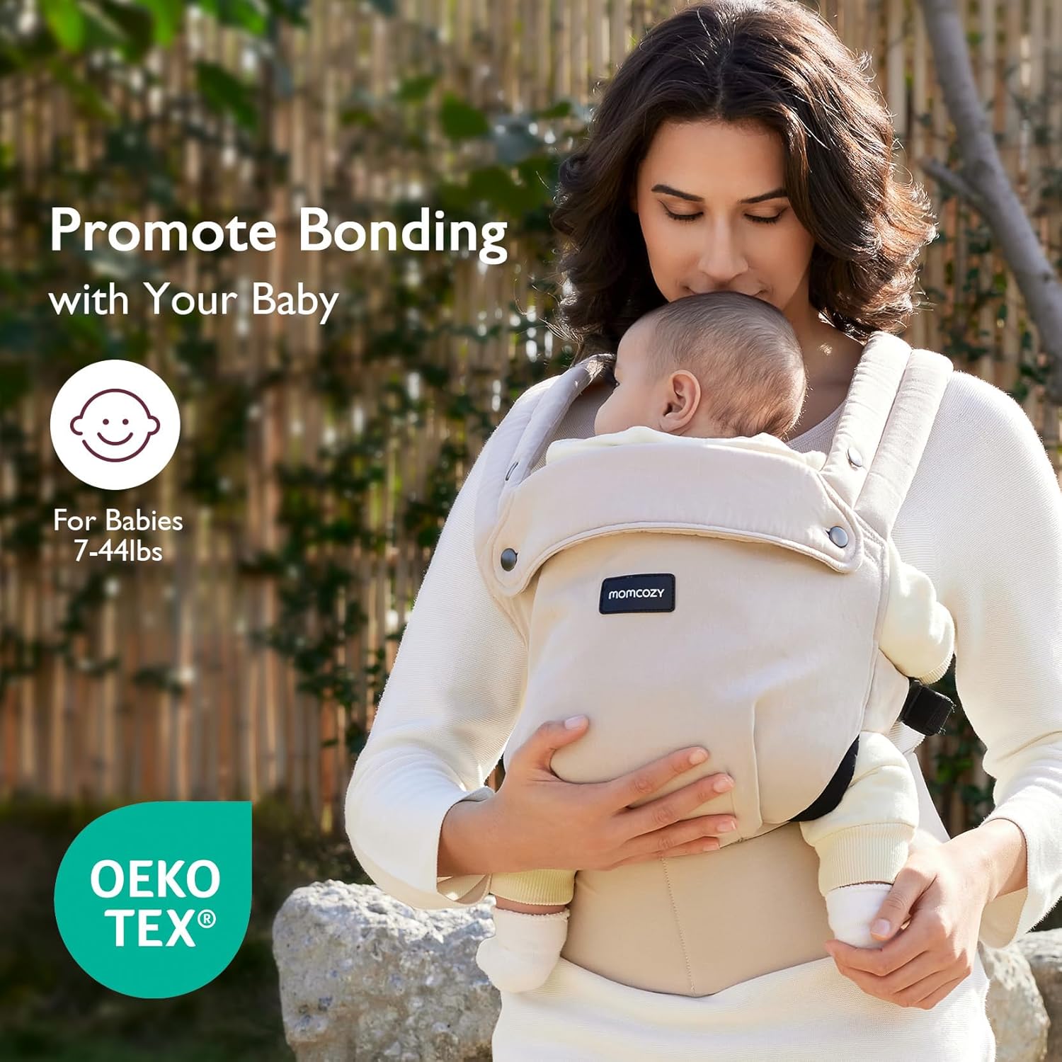 Image displaying a baby in a baby carrier and text about it's deetalis 