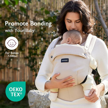 Image displaying a baby in a baby carrier and text about it's deetalis 