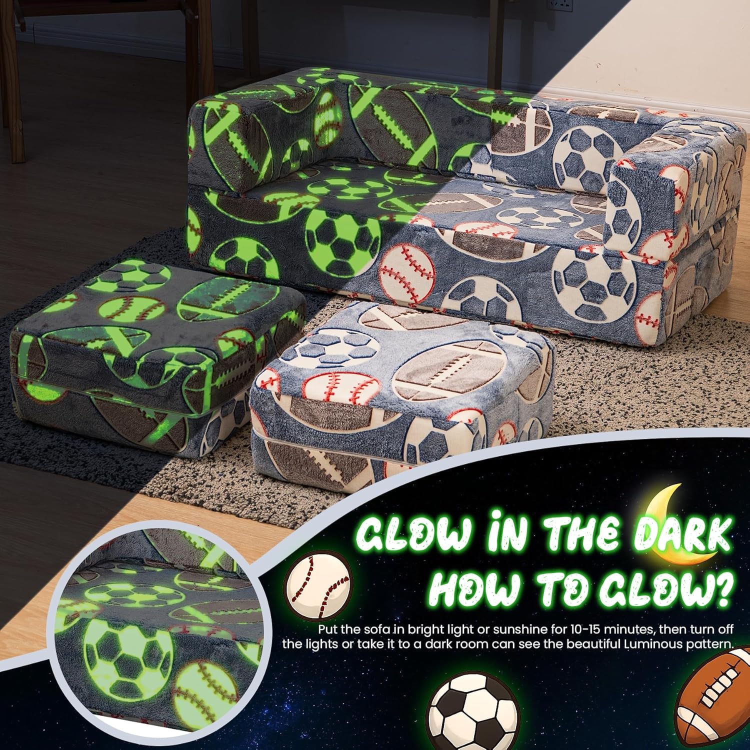 Image displaying a soft modular play furniture and text about it's details