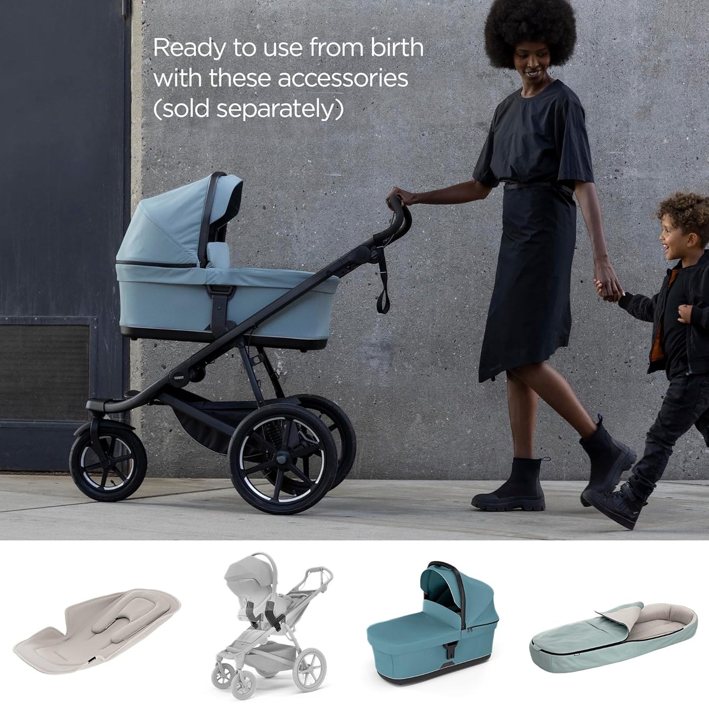 Image displaying a jogging stroller with text about it’s details