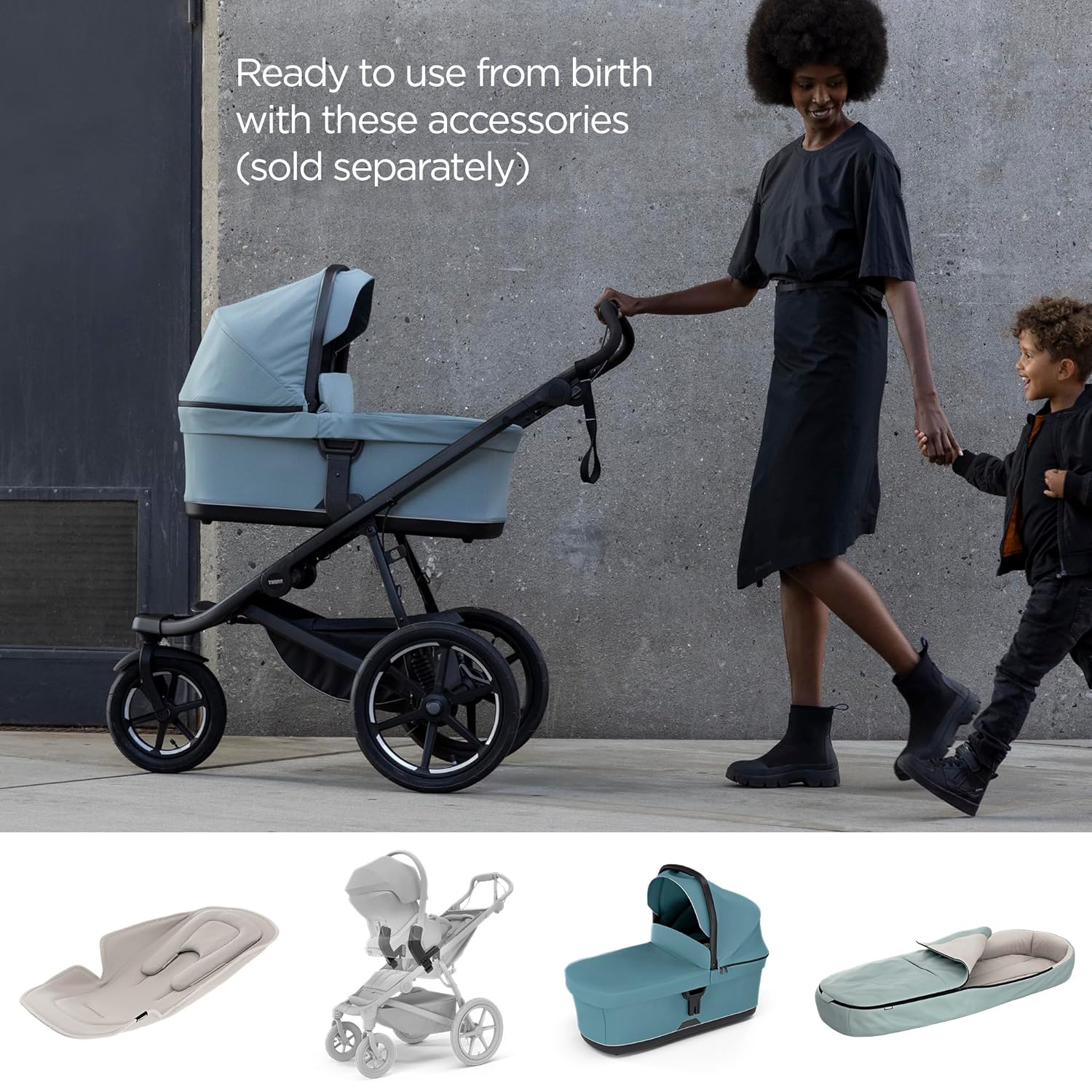Image displaying a jogging stroller with text about it’s details