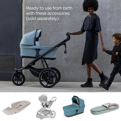 Image displaying a jogging stroller with text about it’s details