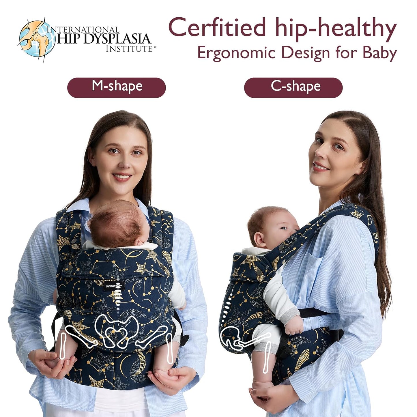 Image displaying a baby in a baby carrier and text about it's deetalis 