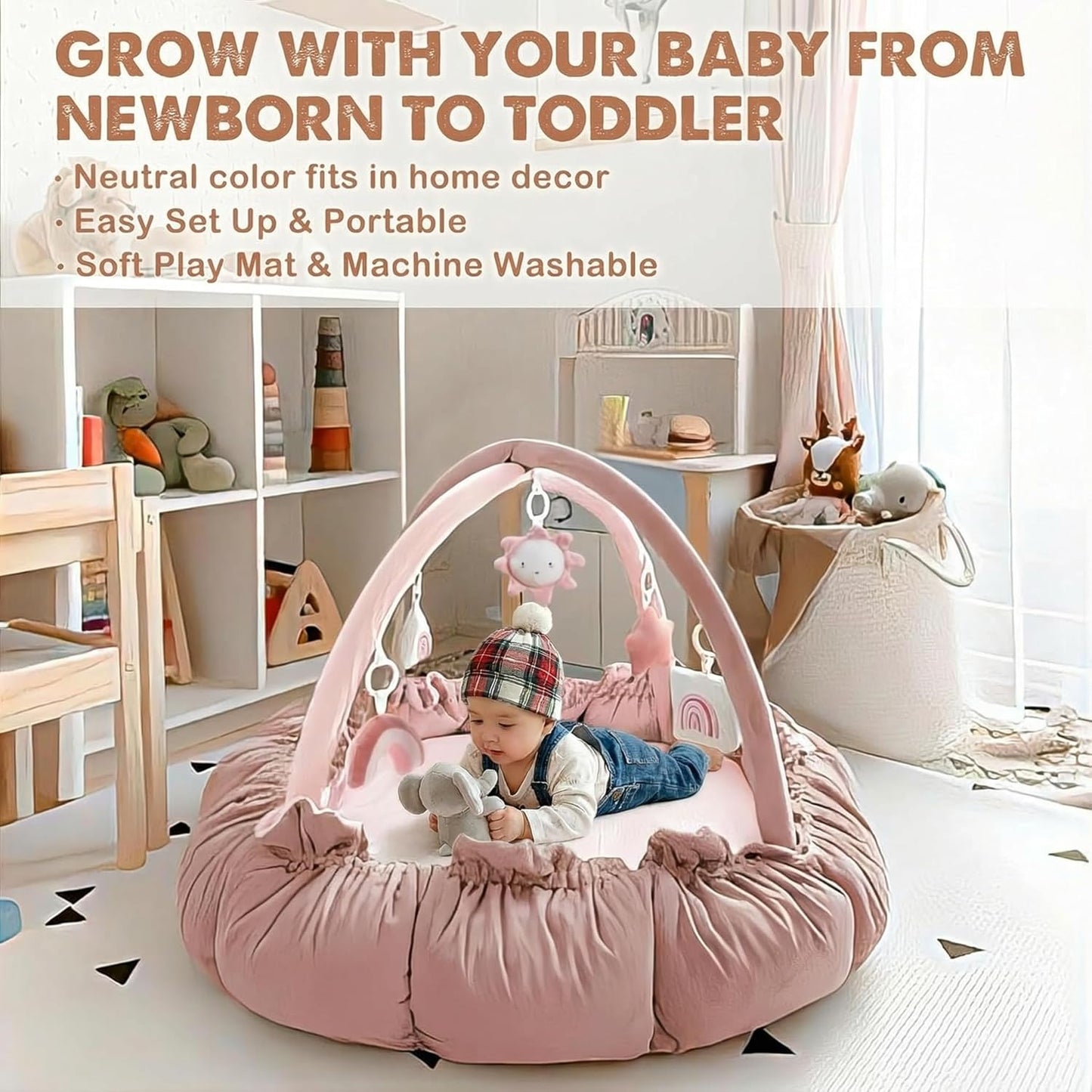 Image displaying a baby with a Baby activity play set and text about it's details
