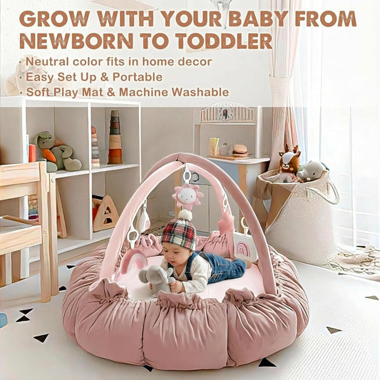 Image displaying a baby with a Baby activity play set and text about it's details