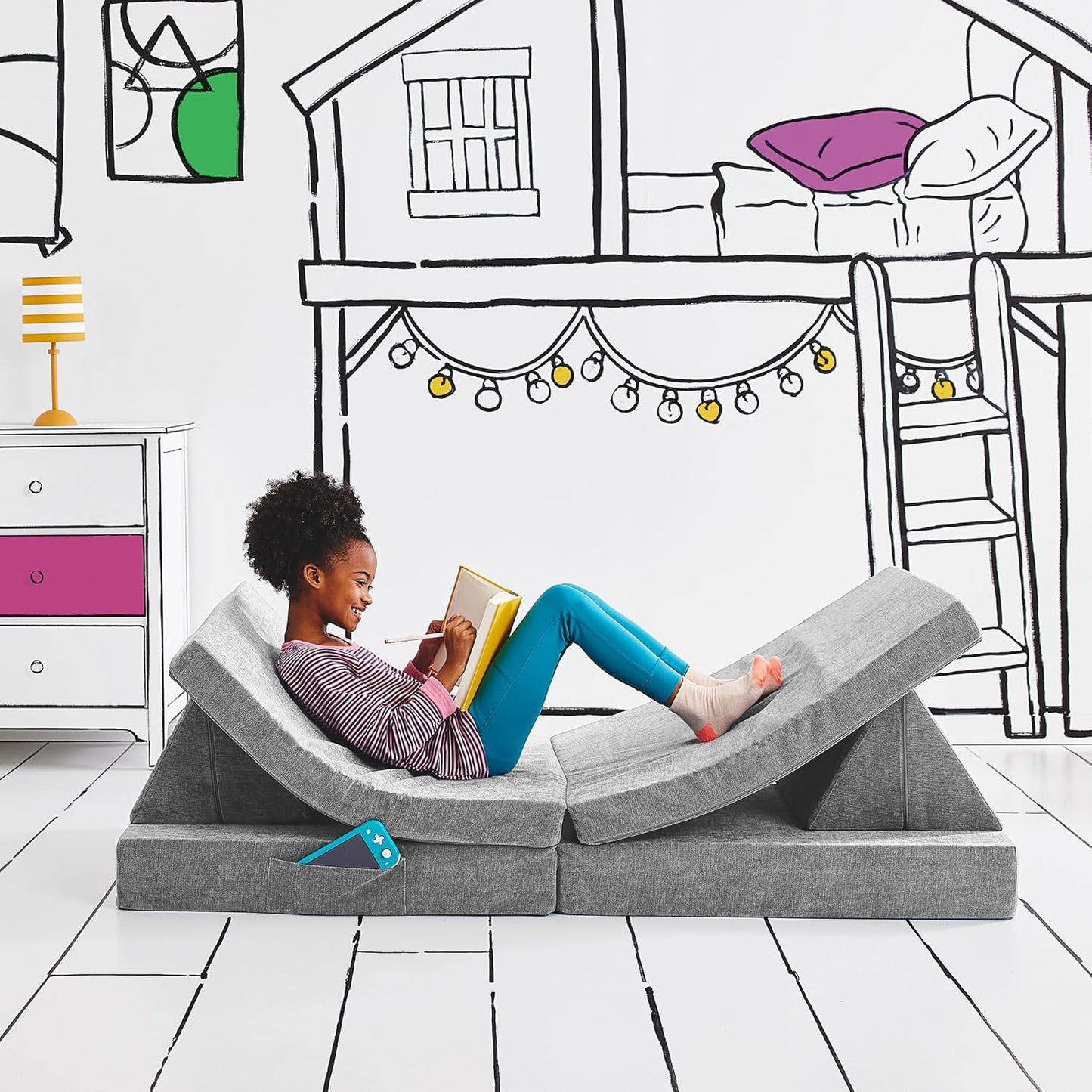 Soft modular play furniture for children, ideal for imaginative play, relaxing, and flexible indoor activities