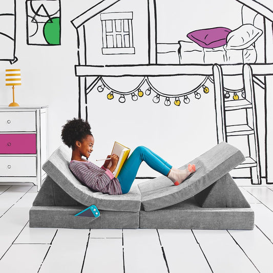Soft modular play furniture for children, ideal for imaginative play, relaxing, and flexible indoor activities