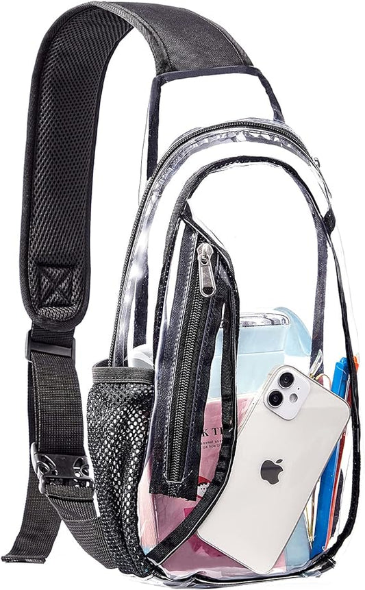 Transparent backpack featuring a fun character-inspired design with a stylish and playful look.