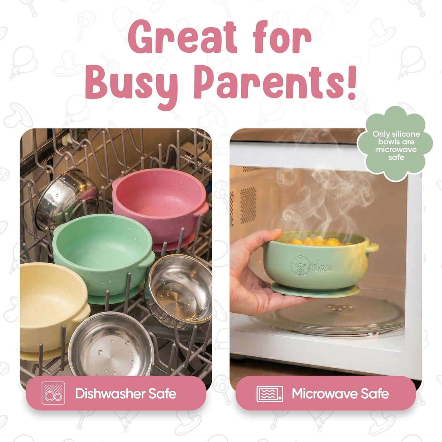 Set of BPA-free baby suction bowls made from stainless steel and food-grade silicone, ideal for toddlers and babies.