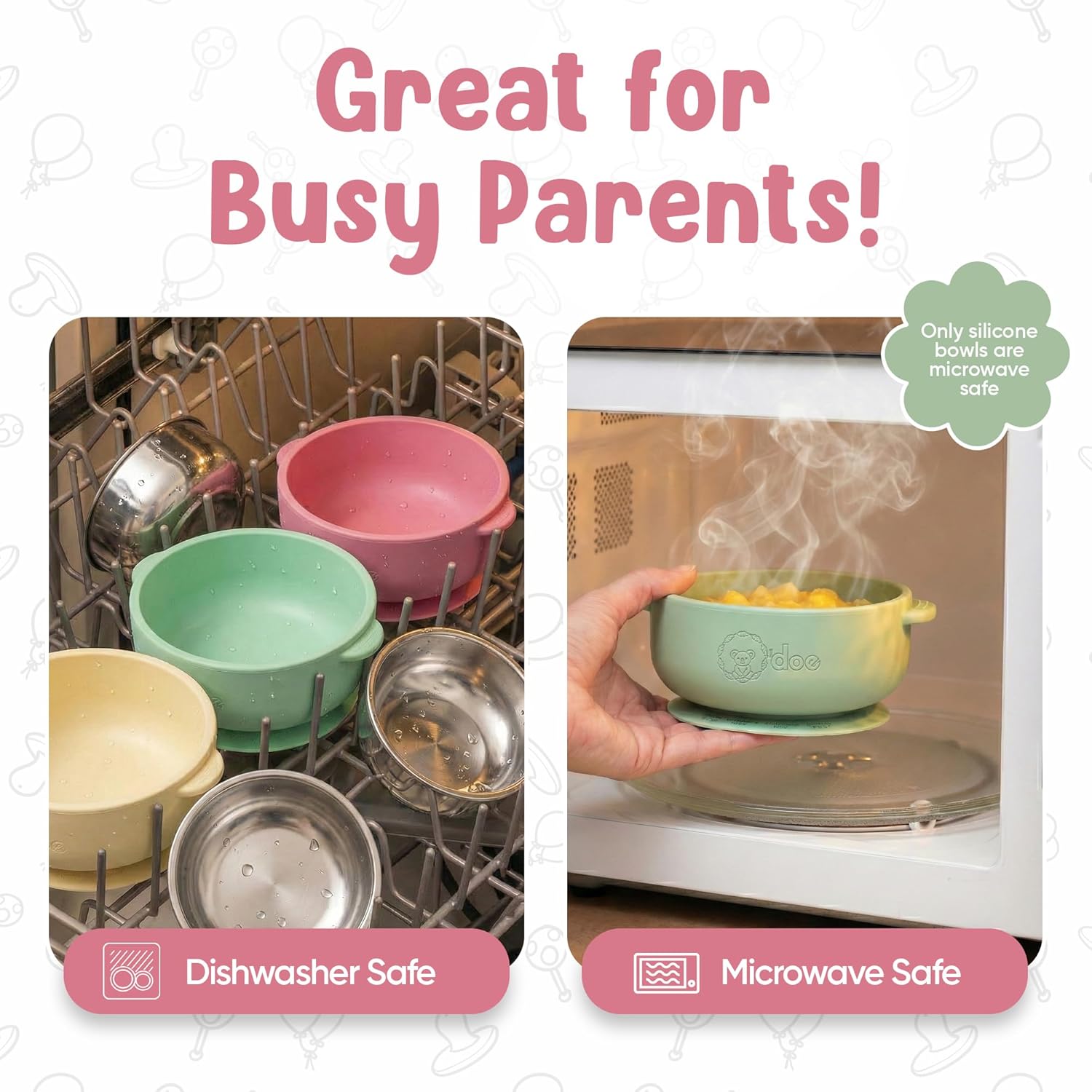 Set of BPA-free baby suction bowls made from stainless steel and food-grade silicone, ideal for toddlers and babies.