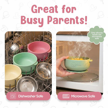 Set of BPA-free baby suction bowls made from stainless steel and food-grade silicone, ideal for toddlers and babies.