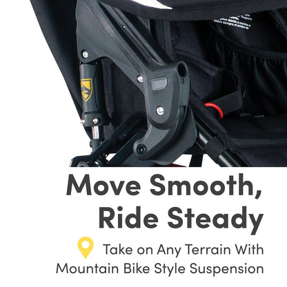 Image displaying a jogging stroller with text about it’s details