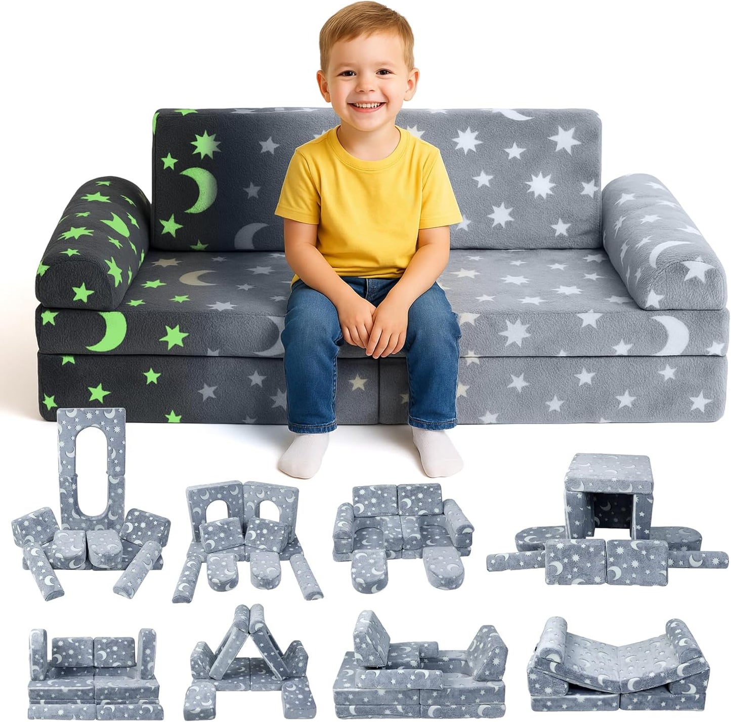 Soft modular play furniture for children, ideal for imaginative play, relaxing, and flexible indoor activities
