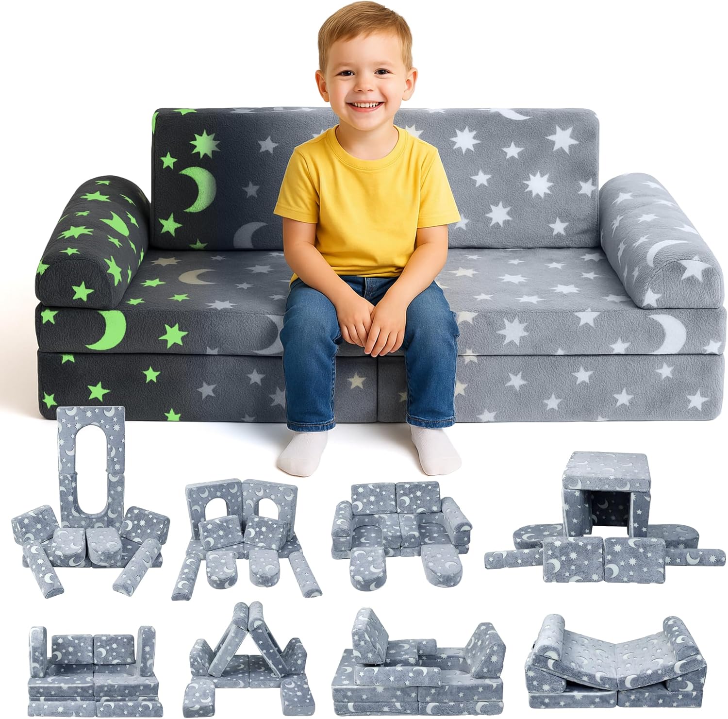 Soft modular play furniture for children, ideal for imaginative play, relaxing, and flexible indoor activities