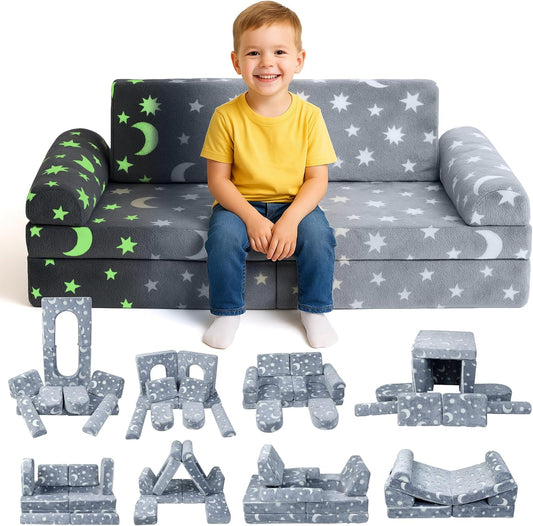 Soft modular play furniture for children, ideal for imaginative play, relaxing, and flexible indoor activities