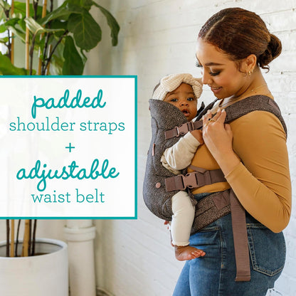 Image displaying a baby in a baby carrier and text about it's deetalis 