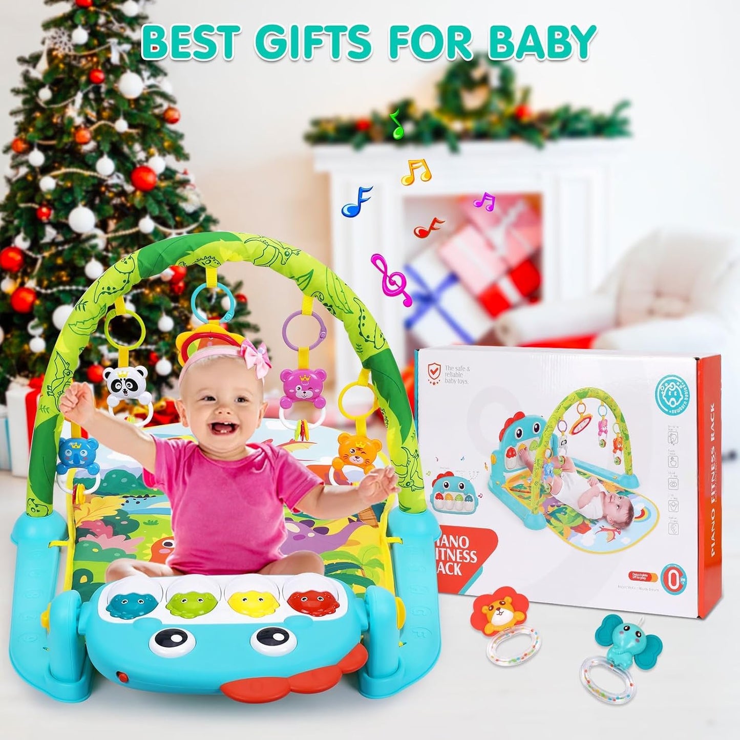 Image displaying a baby with a Baby activity play set and text about it's details