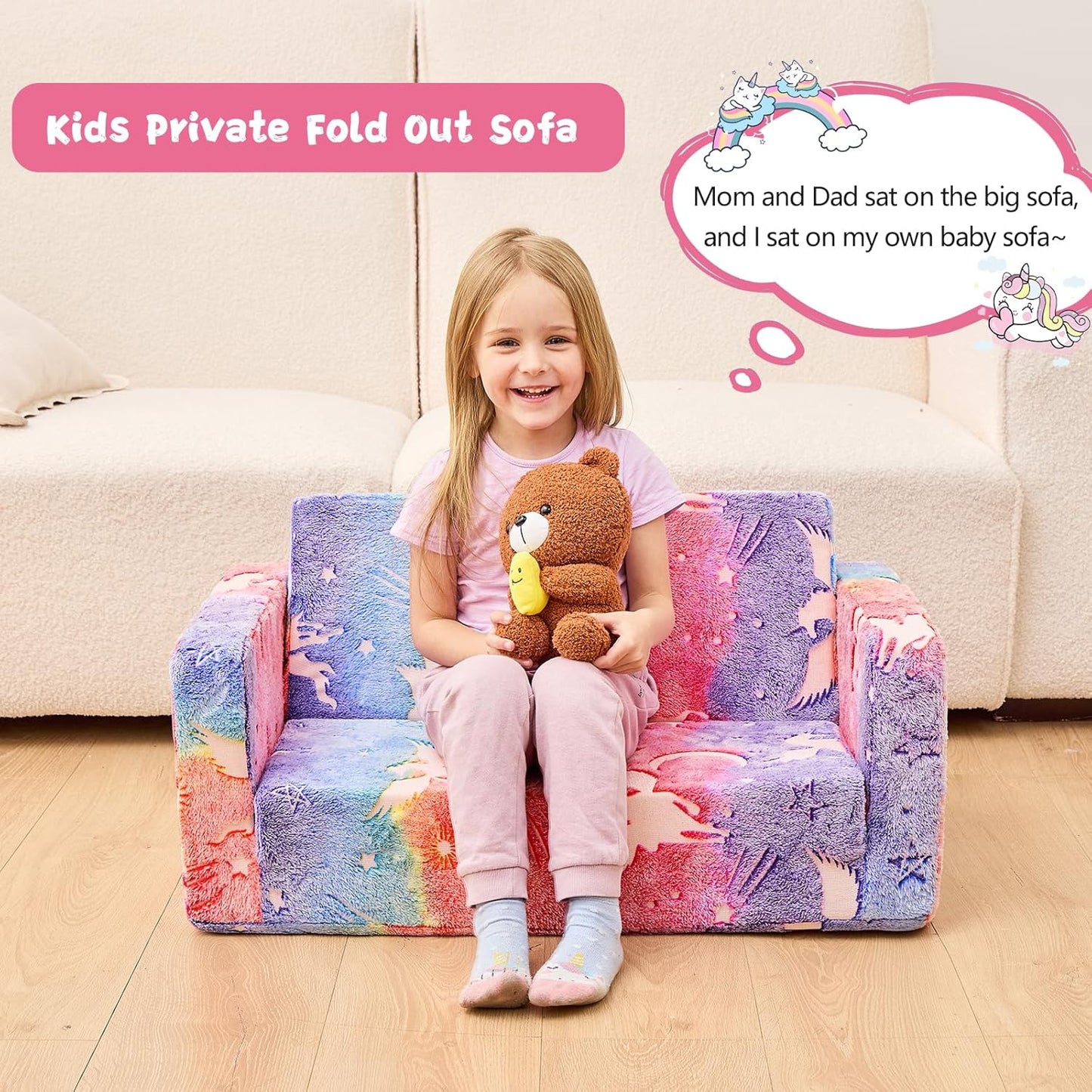 Image displaying a kid playing with a soft modular play furniture and text about it's details