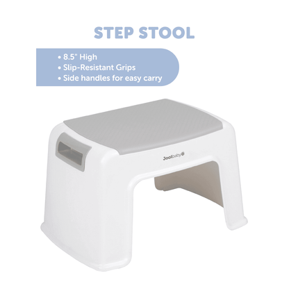 A white and grey step stool is shown against a plain white background
