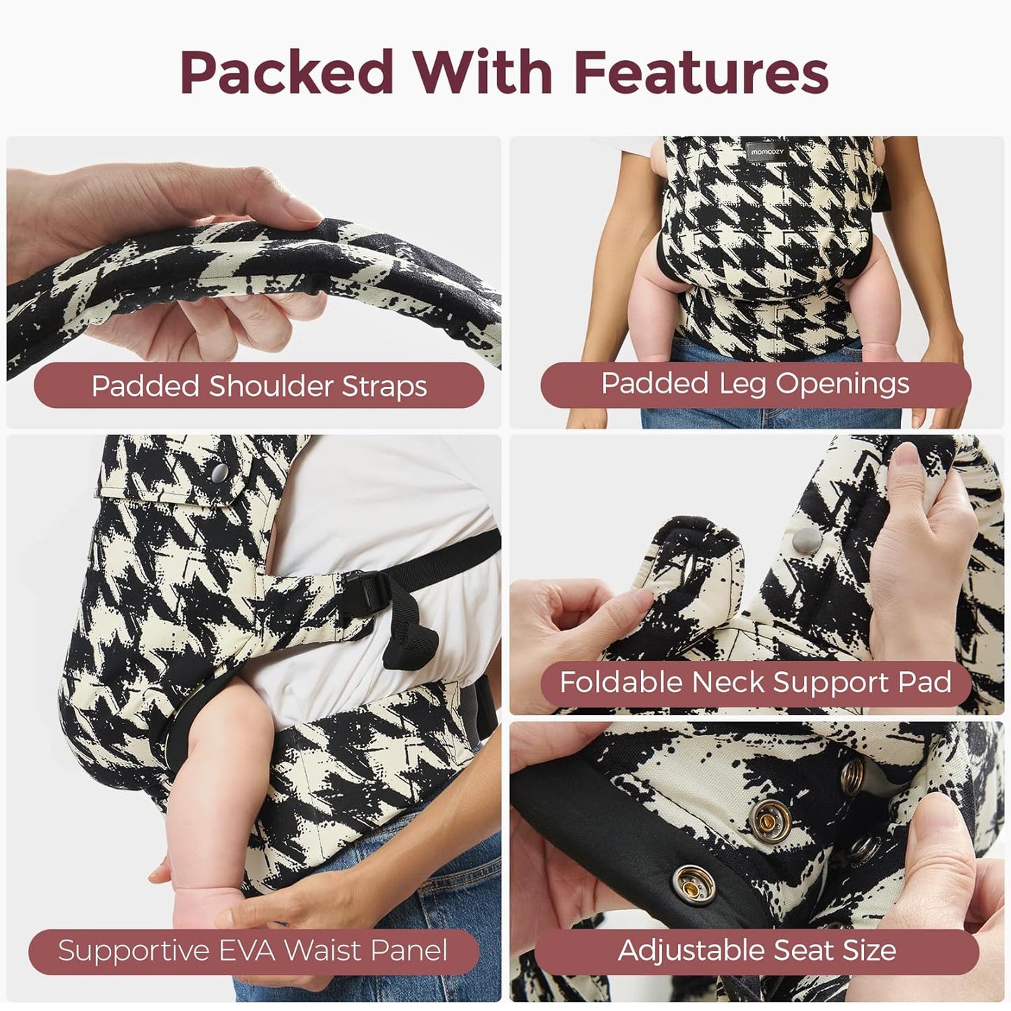 Image displaying a baby carrier and text about it's deetalis 