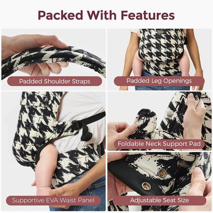 Image displaying a baby carrier and text about it's deetalis 