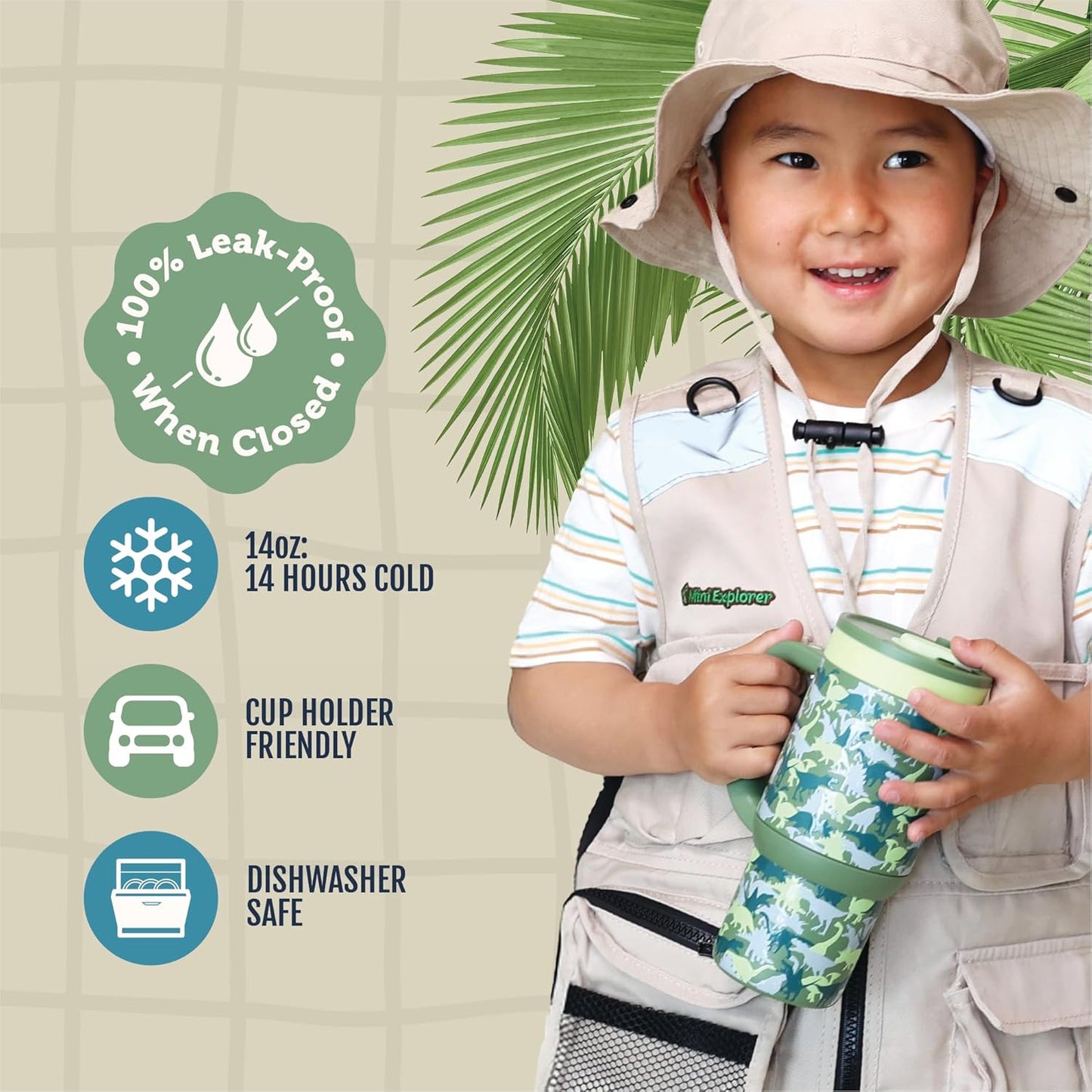 Image displaying a kid holding a tumbler and text about it's details