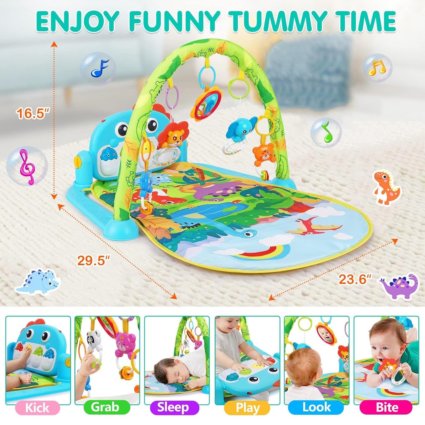 Image displaying a baby with a baby activity playing set and it's dimensions