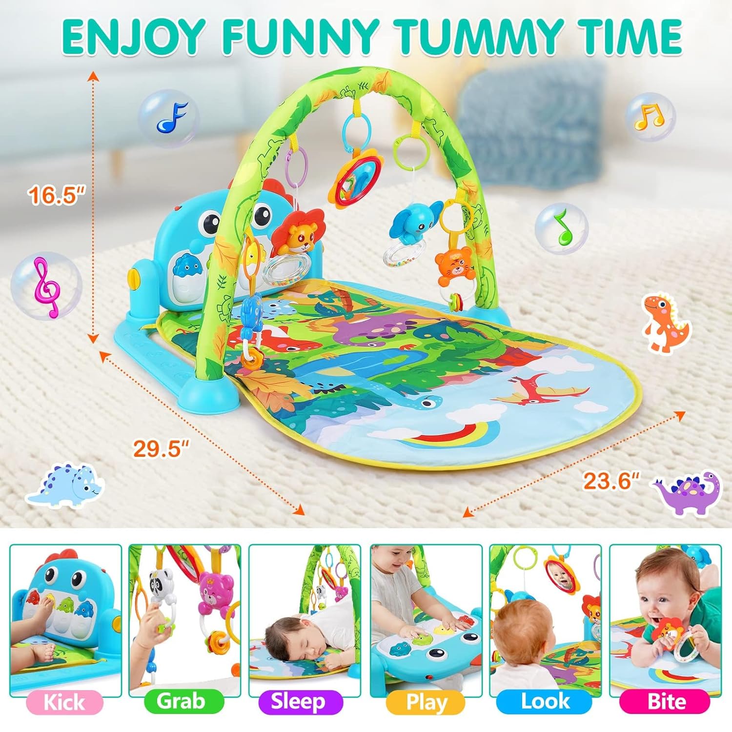 Image displaying a baby with a baby activity playing set and it's dimensions