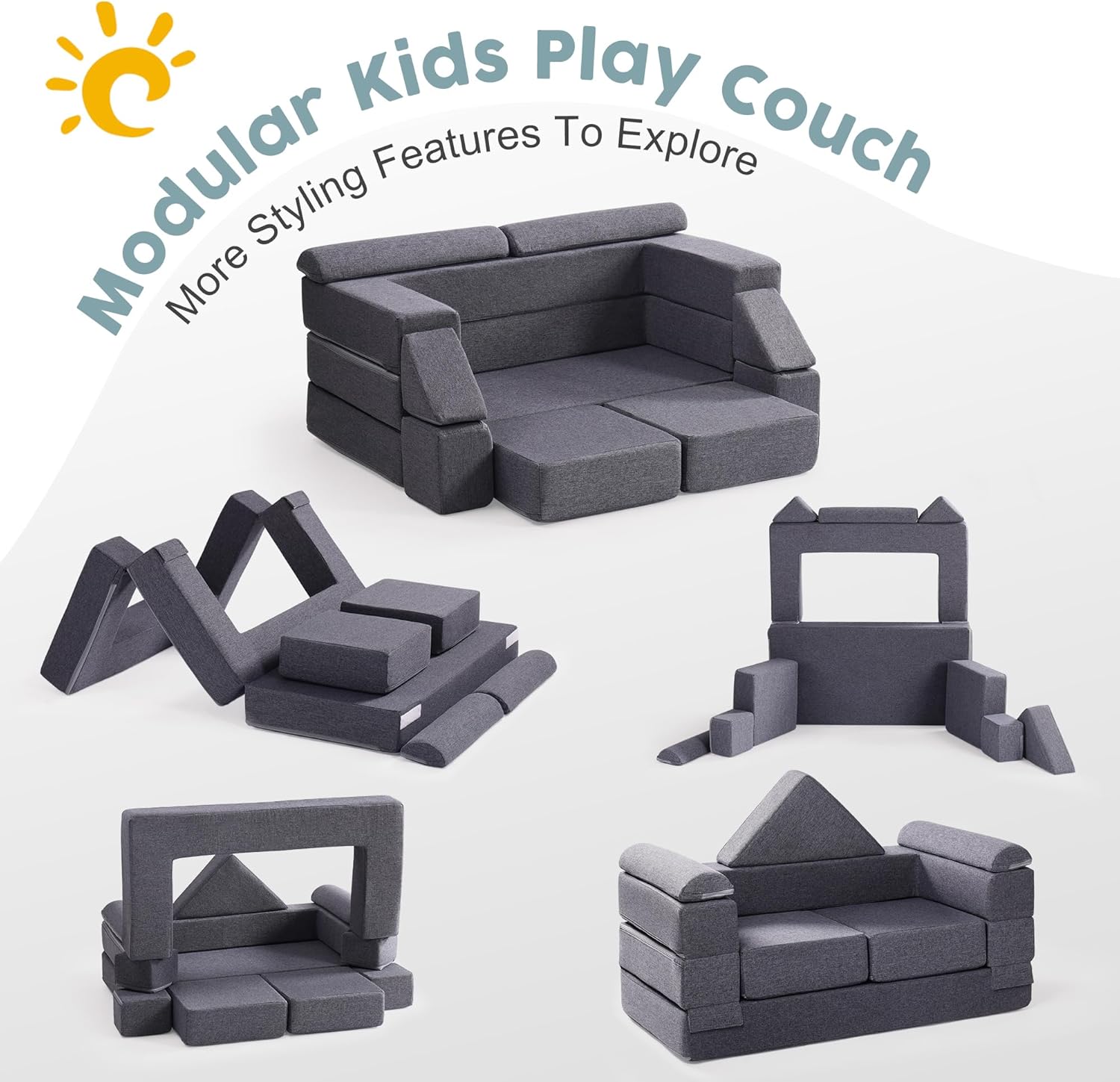 Image displaying a soft modular play furniture and text about it's details
