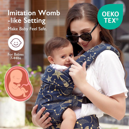 Image displaying a baby in a baby carrier and text about it's deetalis 