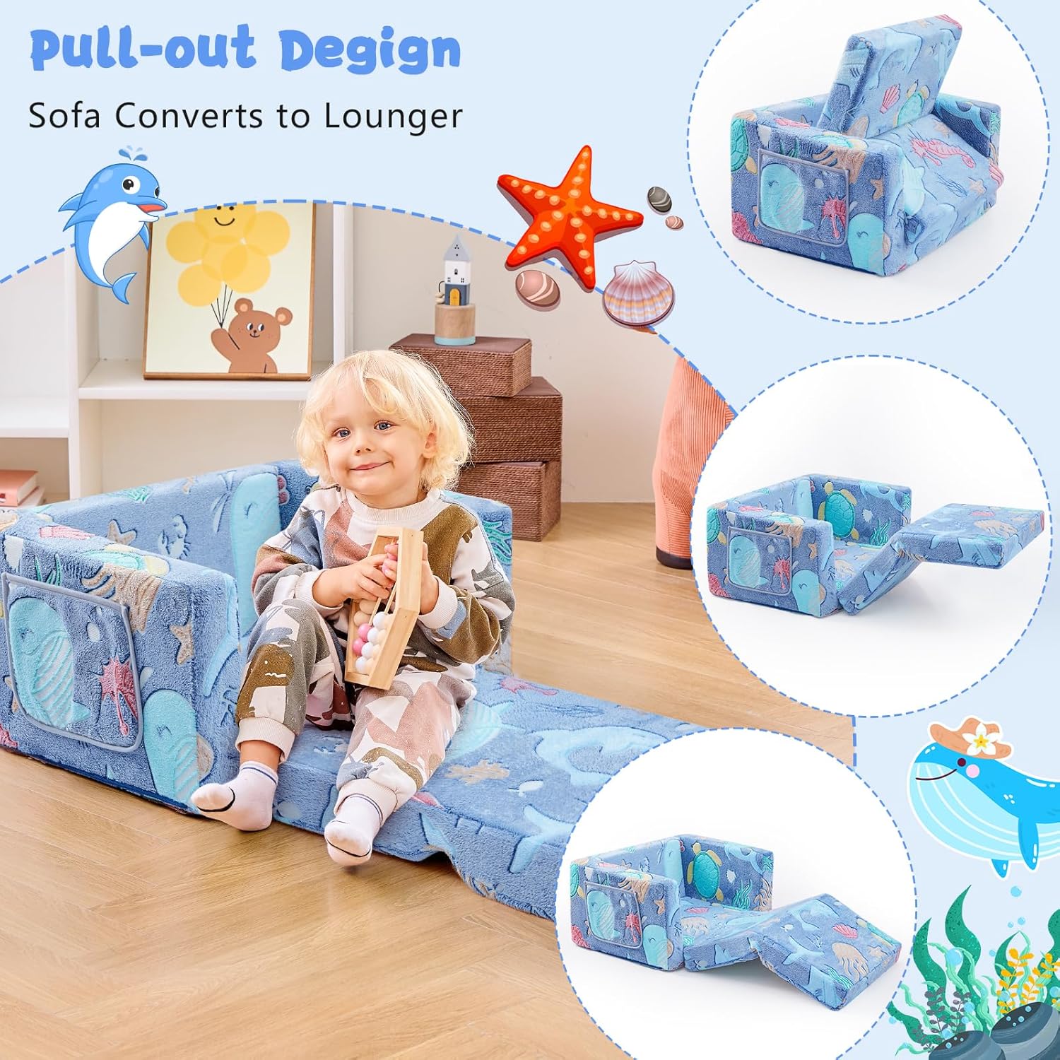 Image displaying a kid playing with a soft modular play furniture and text about it's details