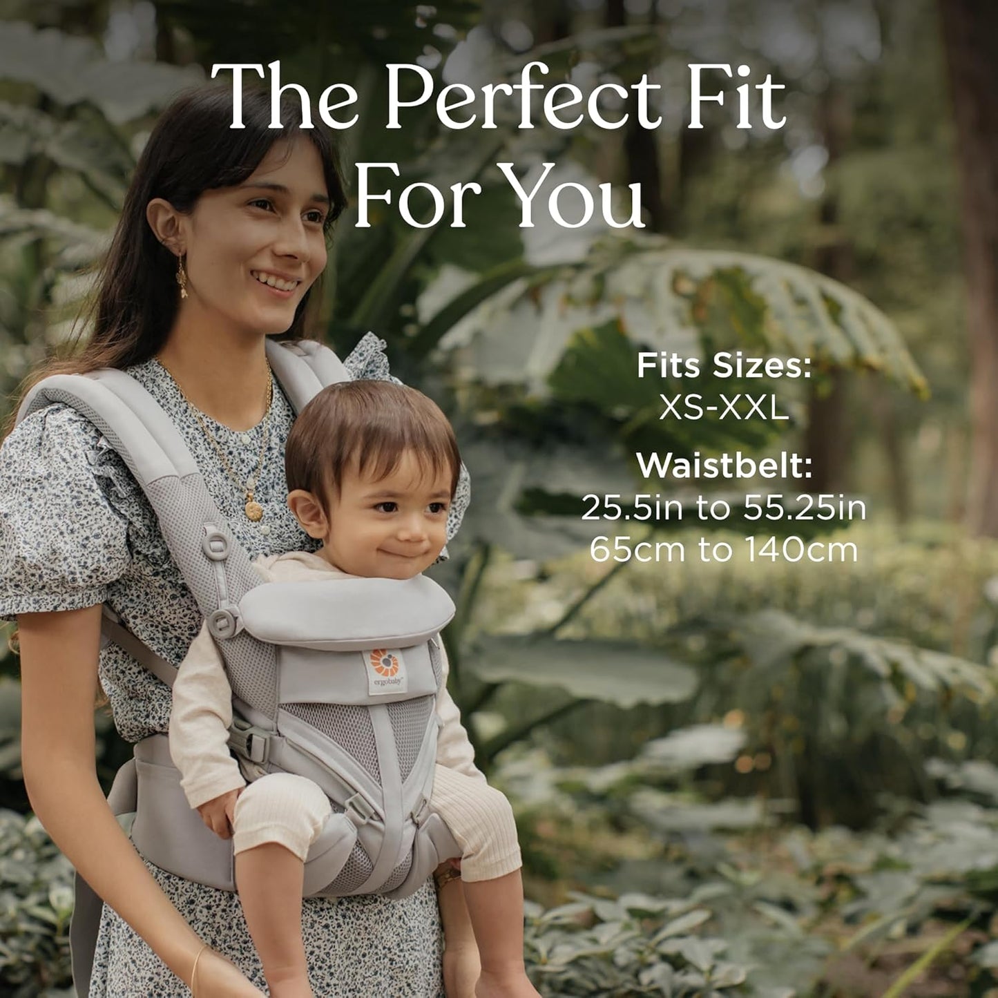 Image displaying a baby in a baby carrier and text about it's details