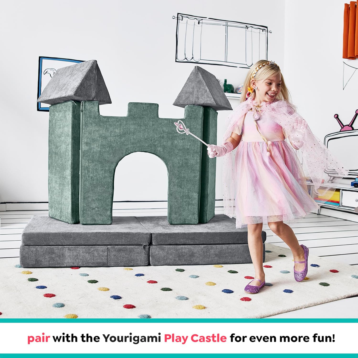 Image displaying a kid playing with a soft modular play furniture and text about it's details