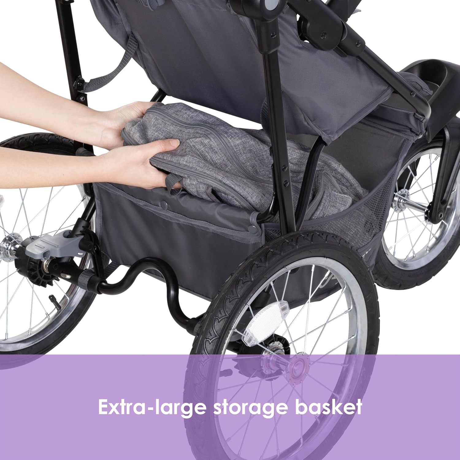 Image displaying a jogging stroller with text about it’s details
