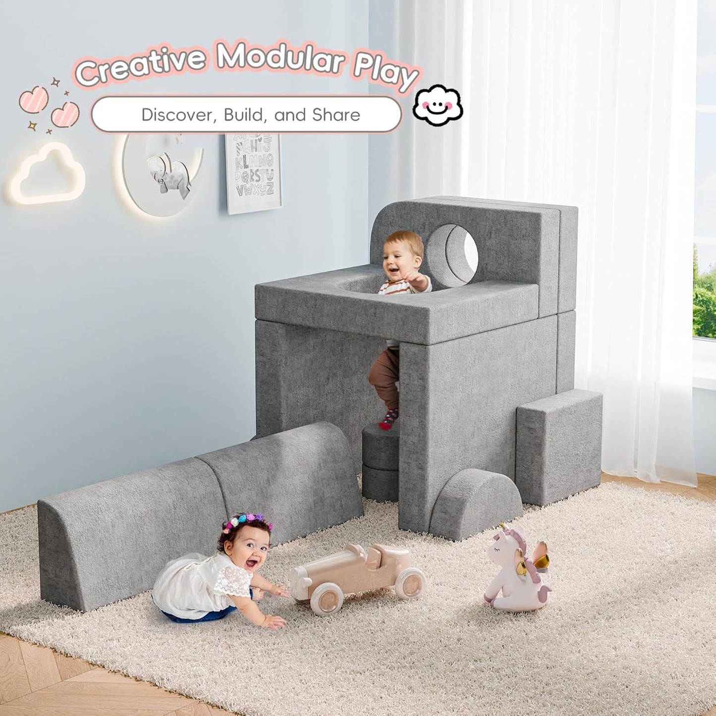 Image displaying a kid playing with a soft modular play furniture and text about it's details