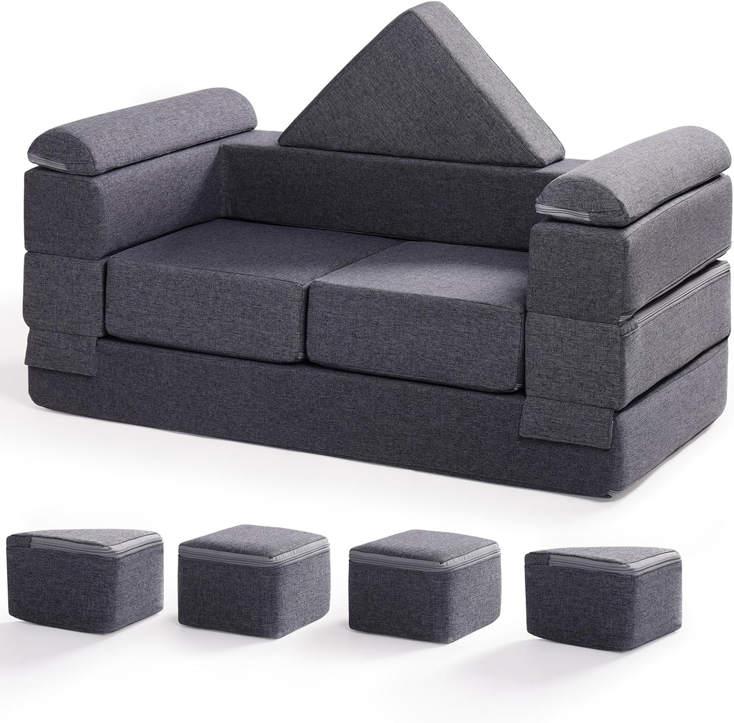 Soft modular play furniture for children, ideal for imaginative play, relaxing, and flexible indoor activities