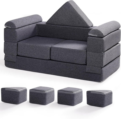 Soft modular play furniture for children, ideal for imaginative play, relaxing, and flexible indoor activities