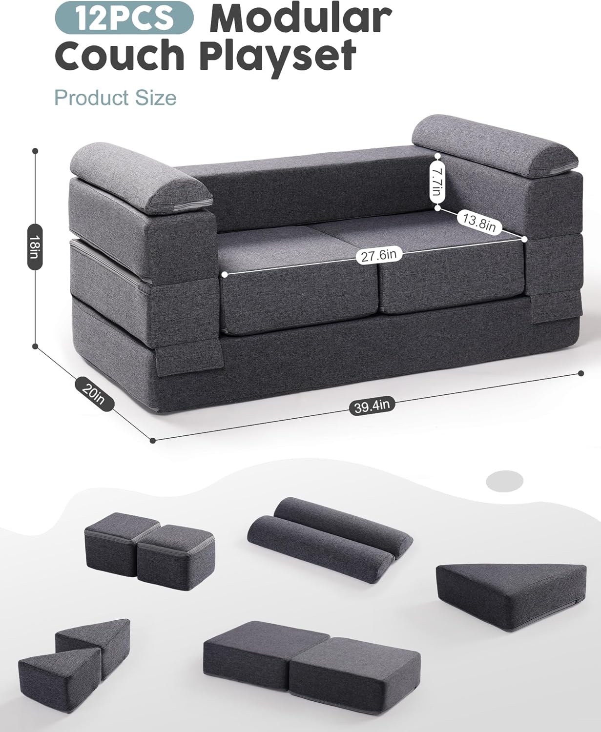 Image displaying a soft modular play furniture and it's dimension