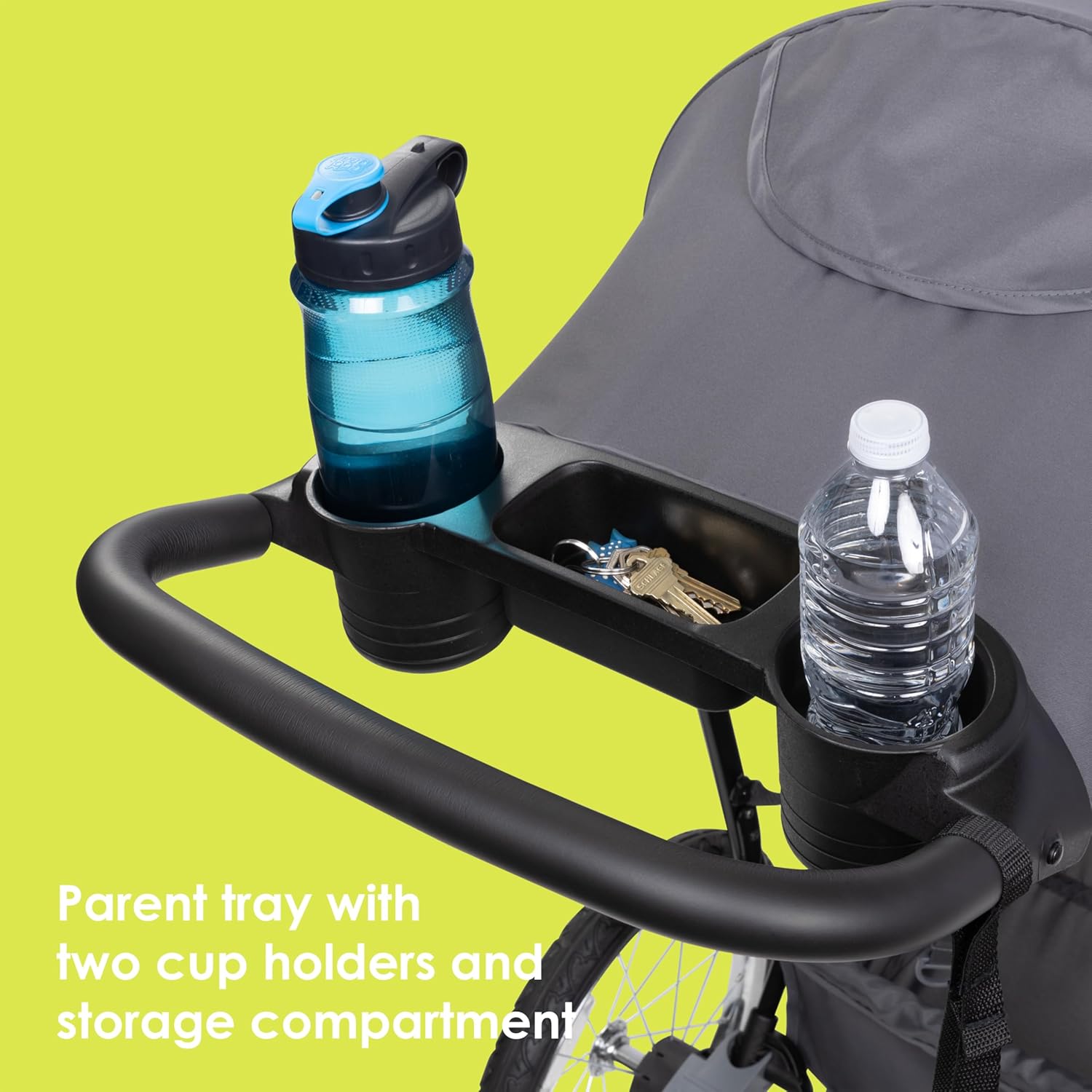 Image displaying a jogging stroller with text about it’s details
