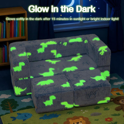 Image displaying a kid playing with a soft modular play furniture and text about it's details