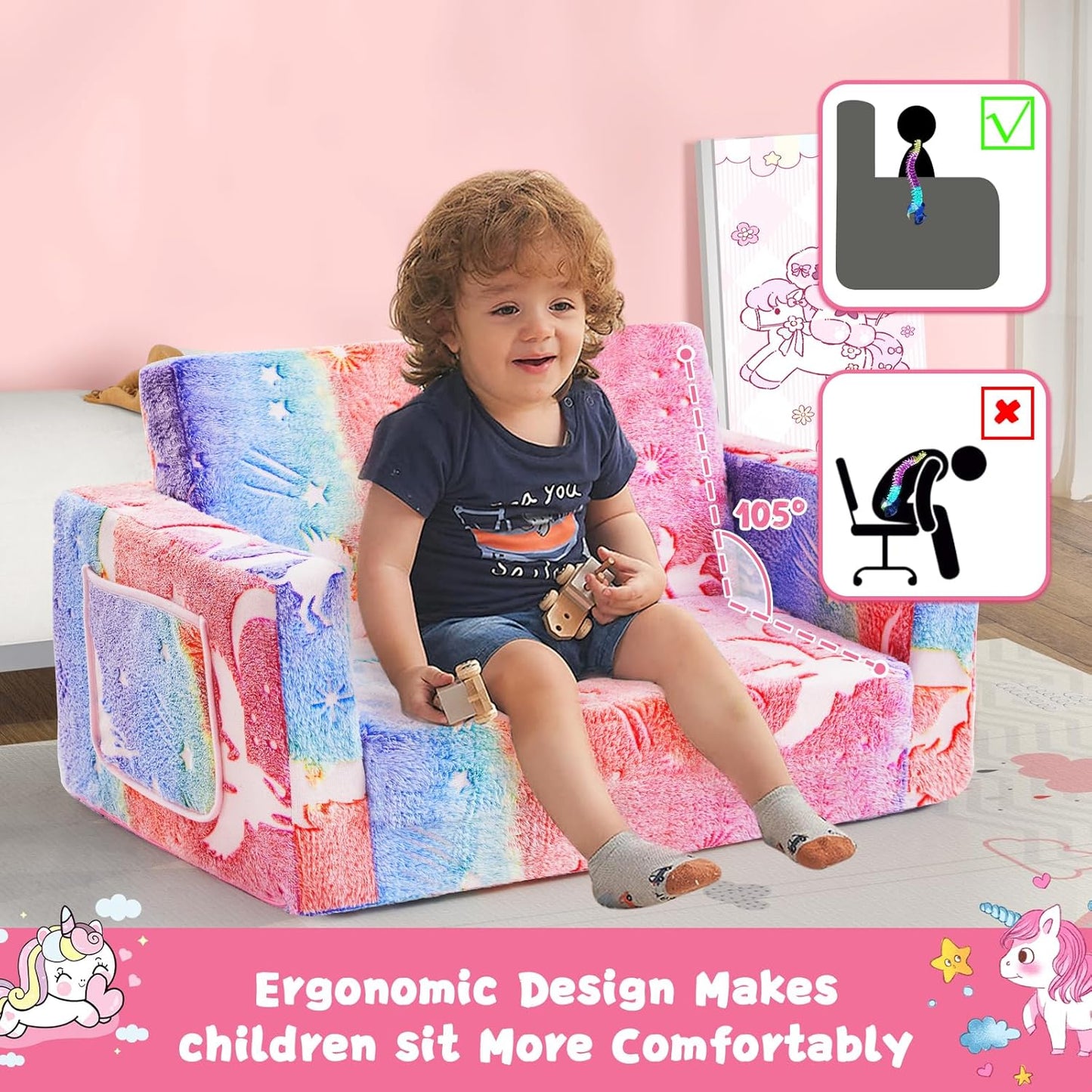 Image displaying a kid playing with a soft modular play furniture and text about it's details