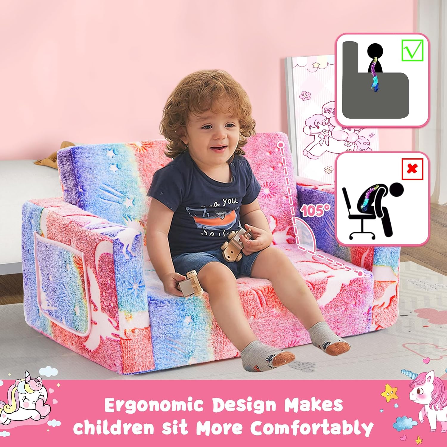 Image displaying a kid playing with a soft modular play furniture and text about it's details