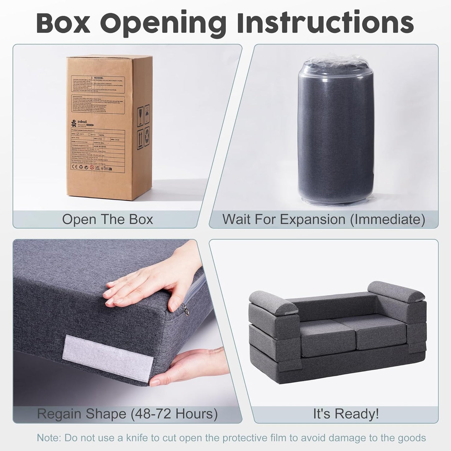 Image displaying a soft modular play furniture and text about it's details