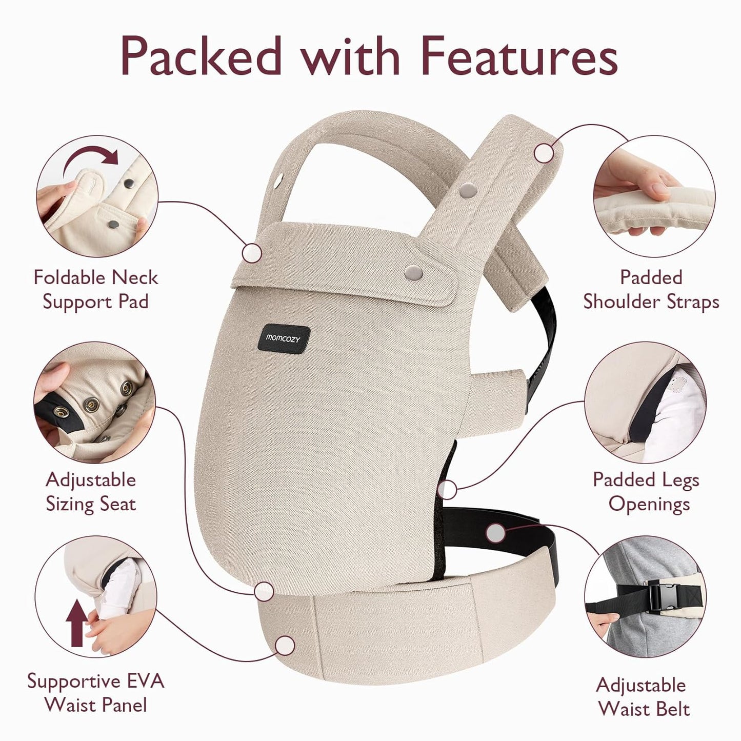 Image displaying a baby carrier and text about it's deetalis 