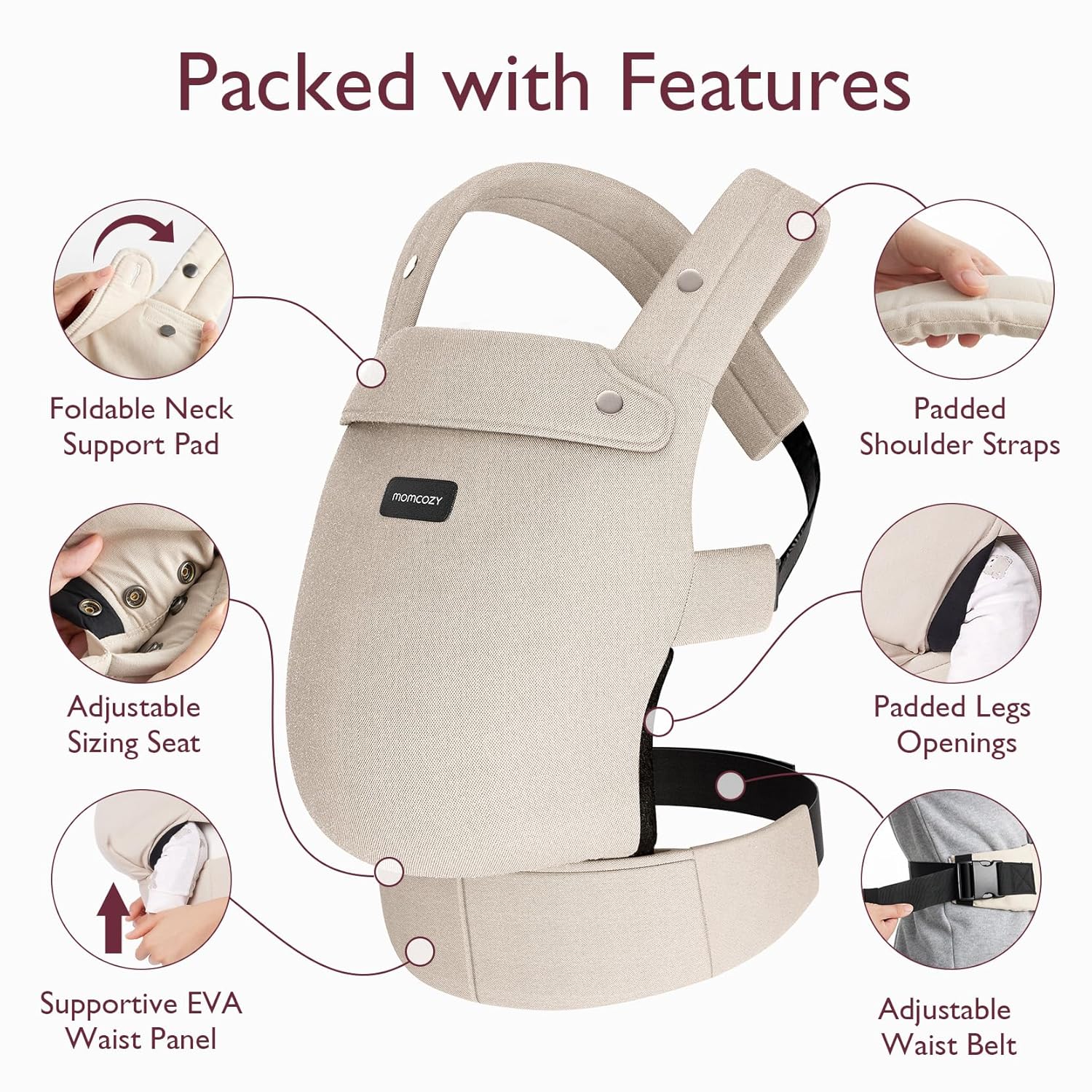 Image displaying a baby carrier and text about it's deetalis 