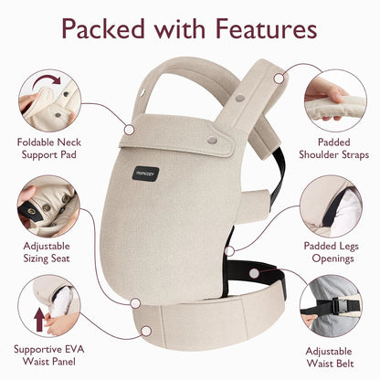 Image displaying a baby carrier and text about it's deetalis 