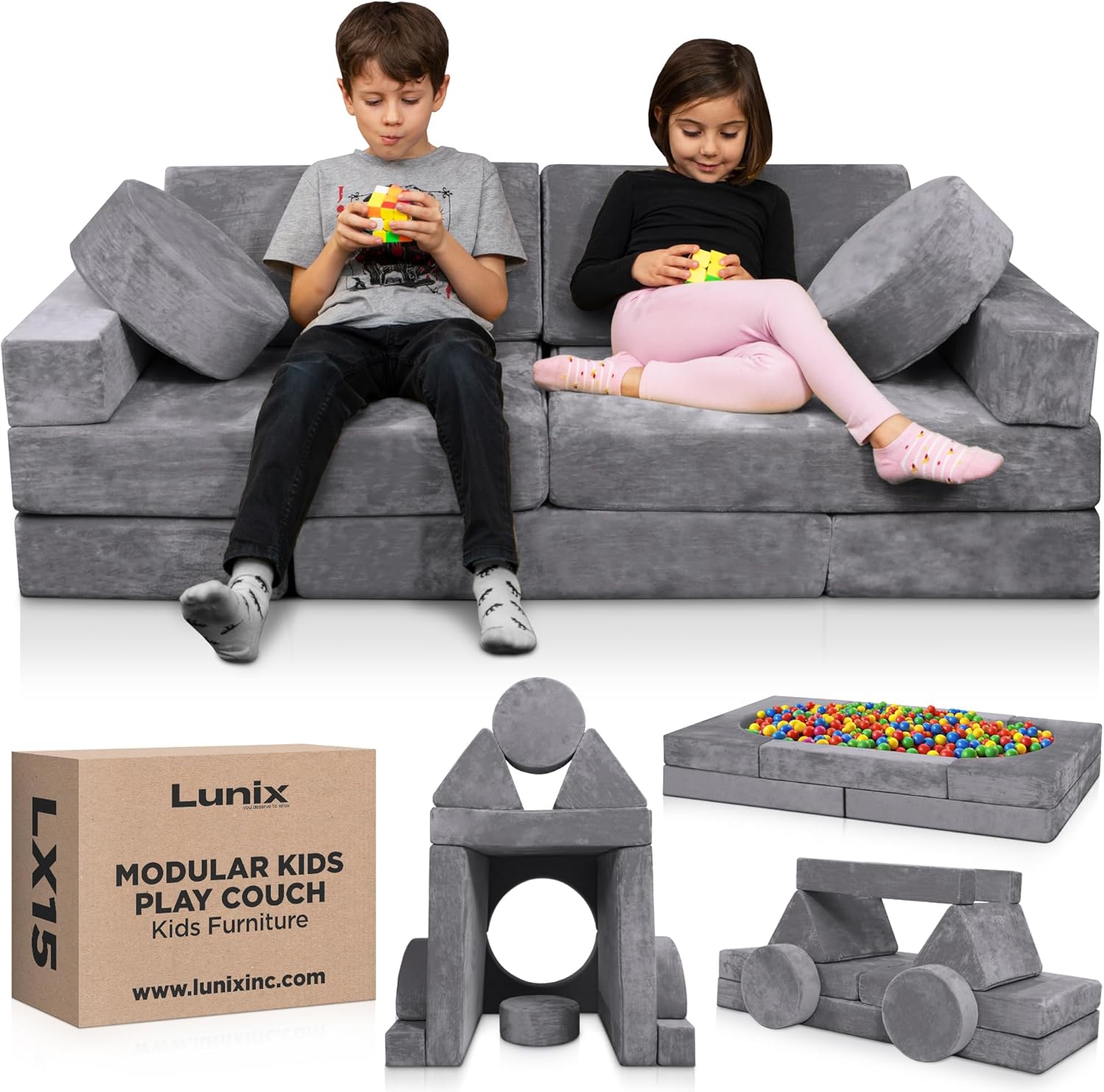 Soft modular play furniture for children, ideal for imaginative play, relaxing, and flexible indoor activities