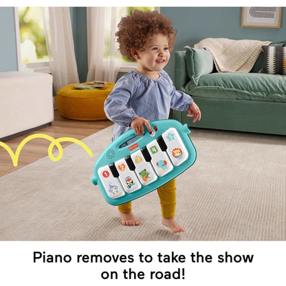 Image displaying a baby with a Baby activity play set and text about it's details