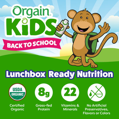 Kids back-to-school lunchbox ready nutrition product with a monkey character holding a bottle.